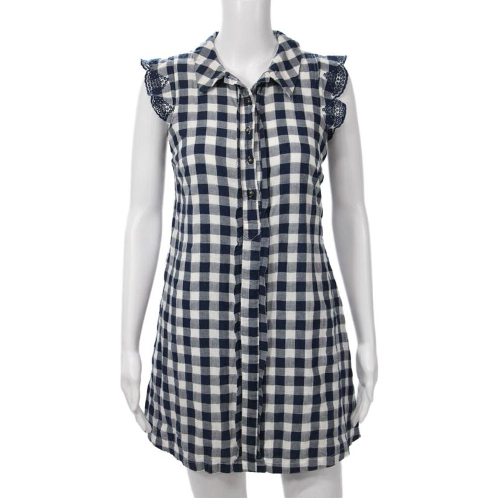 Dear Creatures Women Tunic Button-Up Blue Check Sleeveless Cotton Size XS